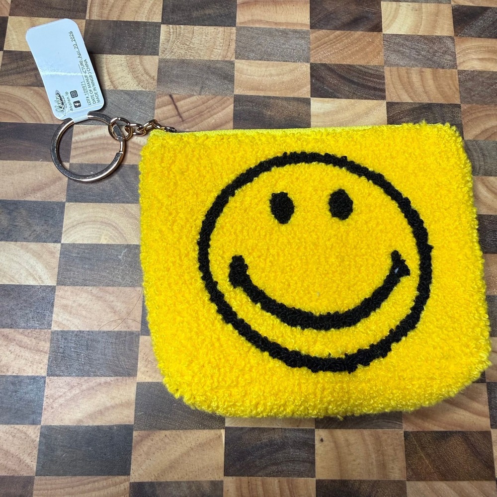 Happy Smile Face Fuzzy Yellow Mini Zipper Pouch NWT